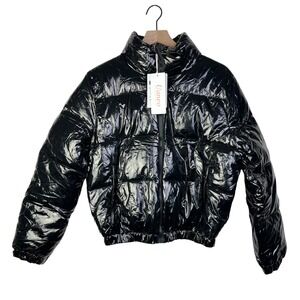 Uaneo Grunge Whimsigoth Black Puffer Jacket Shiny Cropped Full Zip Coat Winter L